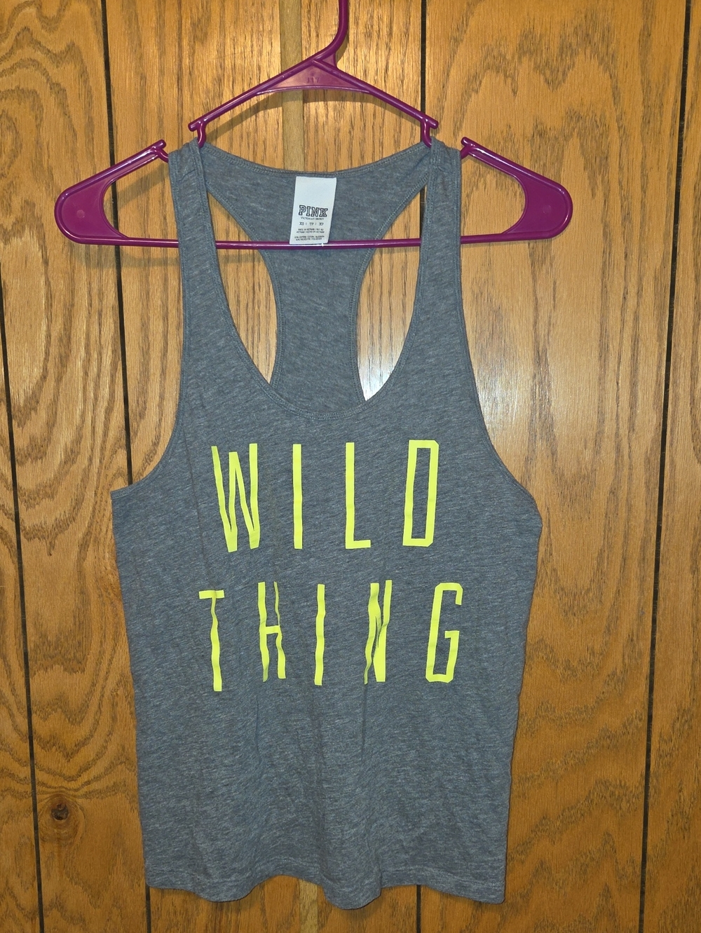PINK Victoria's Secret Gray Racerback Tank with Neon Yellow 'WILD THING'
